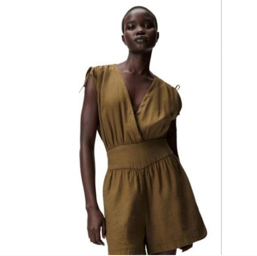 🌟NWOT Zara Linen Blend Khaki Brown Romper